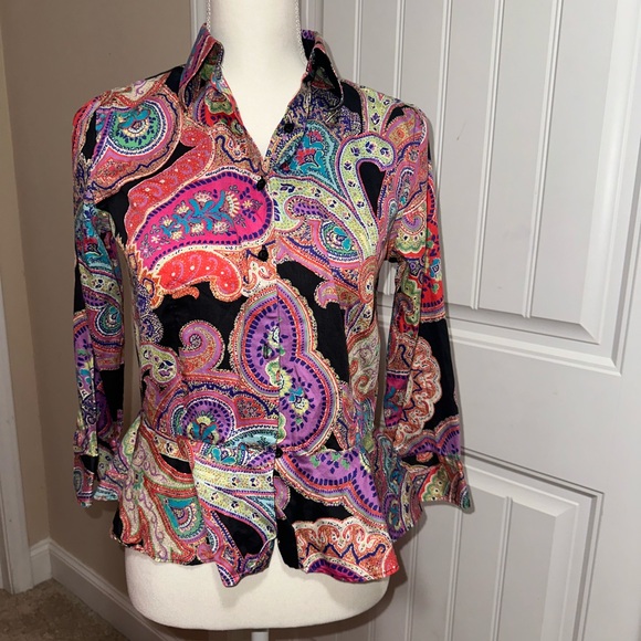 Lauren by Ralph Lauren vibrant paisley button up blouse - Picture 6 of 12